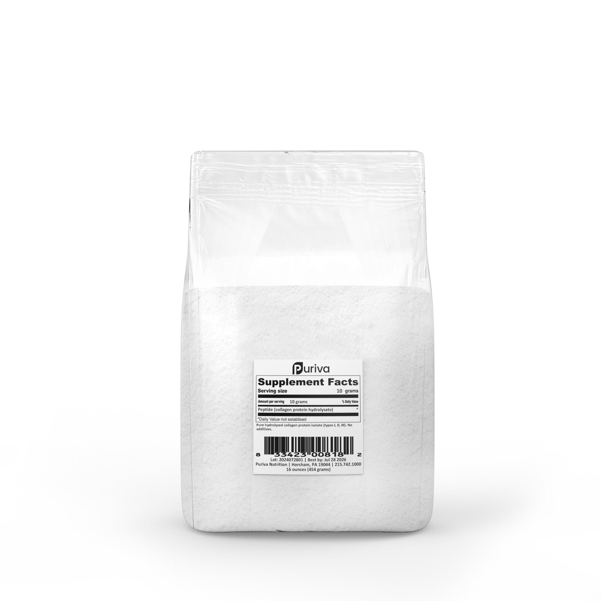 Peptide powder (collagen hydrolysate), 1 pound, Puriva Nutrition